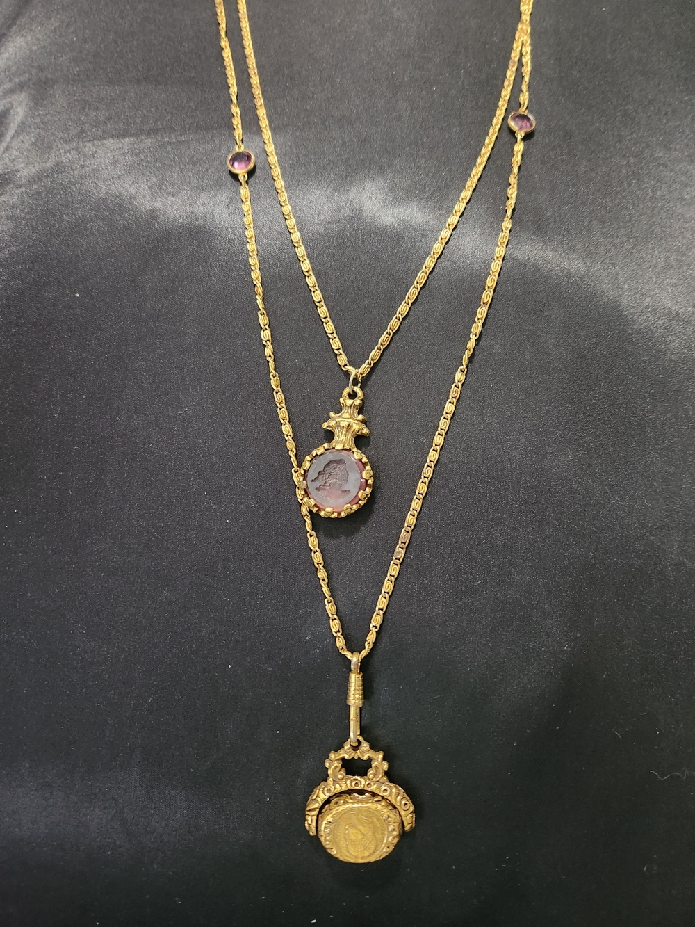 Vintage Goldette Gold-Tone Layered Pendant Necklace with Purple Stone Accents